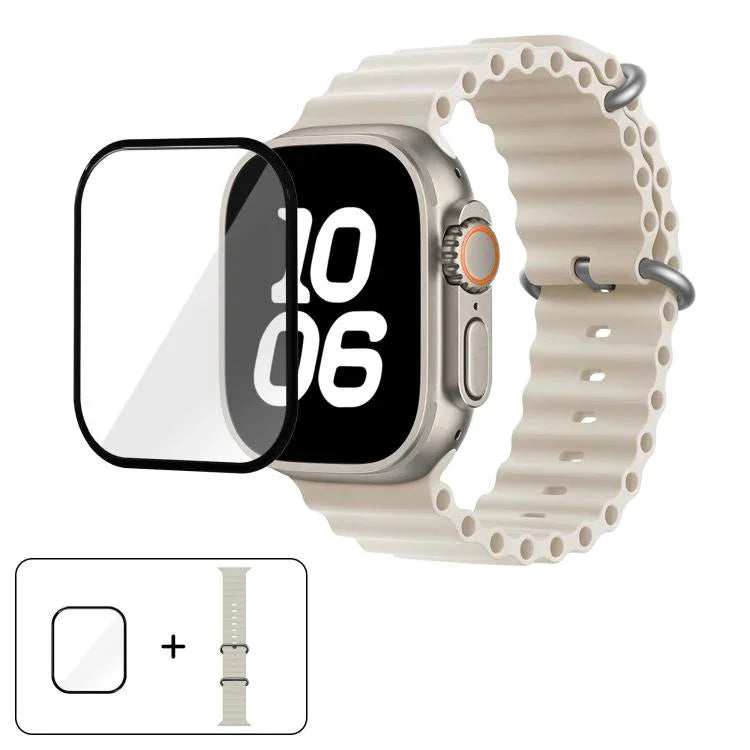 สายรัดนาฬิกาซิลิโคน Ocean พร้อมฟิล์มโค้ง 3D สำหรับ Apple Watch Series 40 มม., สำหรับ Apple Watch Ultra 2 / 1 49 มม., สำหรับ Apple Watch Series 45 มม.