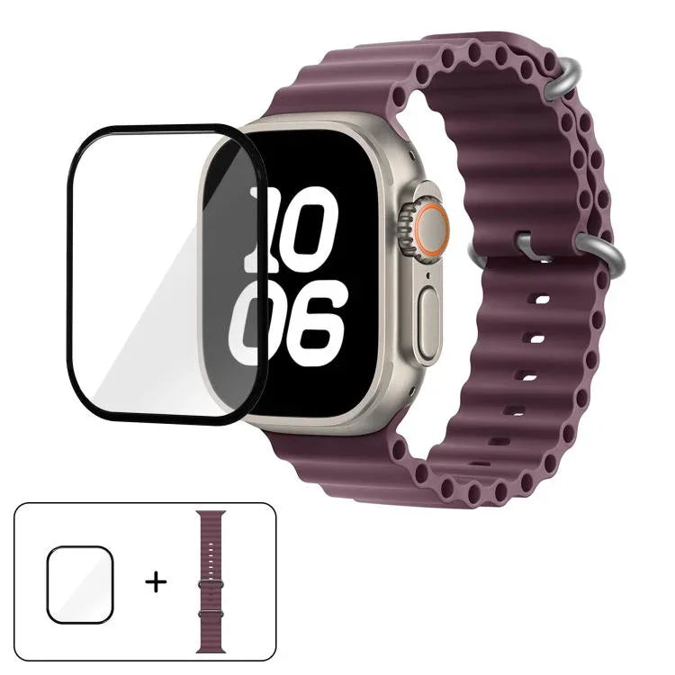 สายรัดนาฬิกาซิลิโคน Ocean พร้อมฟิล์มโค้ง 3D สำหรับ Apple Watch Series 40 มม., สำหรับ Apple Watch Ultra 2 / 1 49 มม., สำหรับ Apple Watch Series 45 มม.