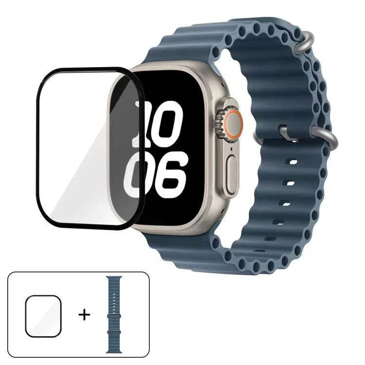 สายรัดนาฬิกาซิลิโคน Ocean พร้อมฟิล์มโค้ง 3D สำหรับ Apple Watch Series 40 มม., สำหรับ Apple Watch Ultra 2 / 1 49 มม., สำหรับ Apple Watch Series 45 มม.