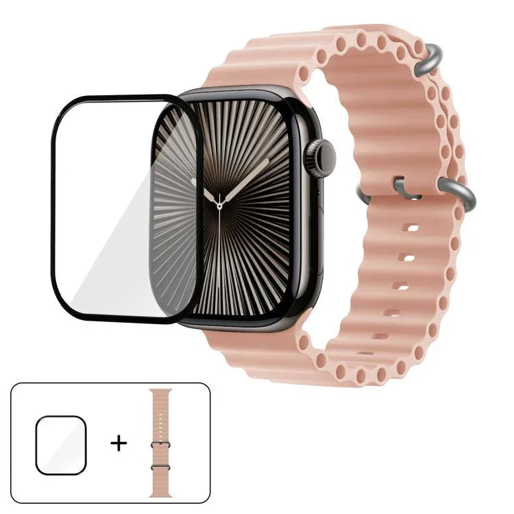 สายรัดนาฬิกาซิลิโคน Ocean พร้อมฟิล์มโค้ง 3D สำหรับ Apple Watch Series 41 มม., สำหรับ Apple Watch Series 38 มม., สำหรับ Apple Watch Series 42 มม.