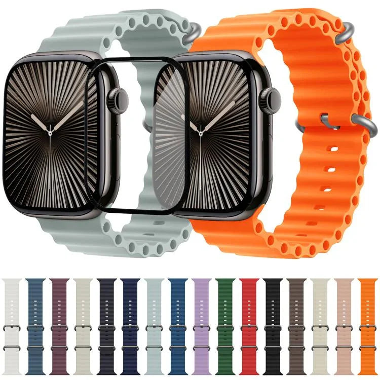 สายรัดนาฬิกาซิลิโคน Ocean พร้อมฟิล์มโค้ง 3D สำหรับ Apple Watch Series 40 มม., สำหรับ Apple Watch Ultra 2 / 1 49 มม., สำหรับ Apple Watch Series 45 มม.