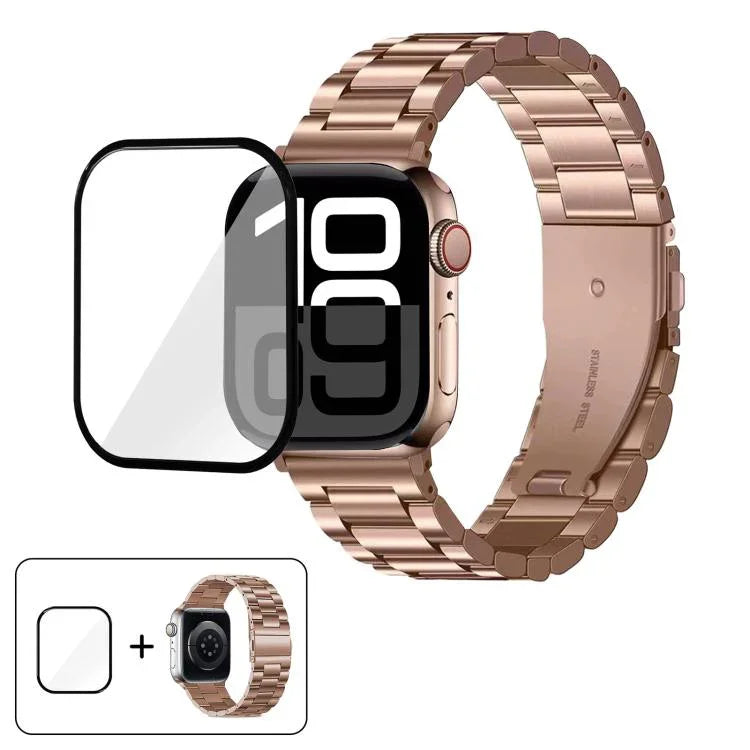 สายรัดนาฬิกาสแตนเลสสตีลสามเม็ดพร้อมฟิล์มโค้ง 3D สำหรับ Apple Watch Series 10 ขนาด 46 มม., สำหรับ Apple Watch Series 10 ขนาด 42 มม., สำหรับ Apple Watch Series ขนาด 44 มม., สำหรับ Apple Watch Series ขนาด 40 มม.