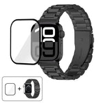 สายรัดนาฬิกาสแตนเลสสตีลสามเม็ดพร้อมฟิล์มโค้ง 3D สำหรับ Apple Watch Series 10 ขนาด 46 มม., สำหรับ Apple Watch Series 10 ขนาด 42 มม., สำหรับ Apple Watch Series ขนาด 44 มม., สำหรับ Apple Watch Series ขนาด 40 มม.
