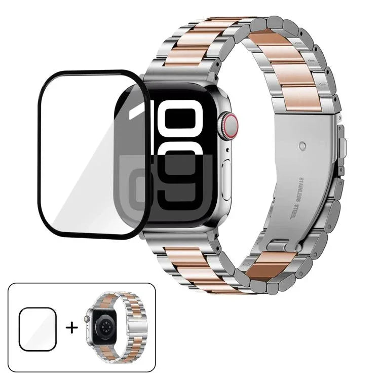 สายรัดนาฬิกาสแตนเลสสตีลสามเม็ดพร้อมฟิล์มโค้ง 3D สำหรับ Apple Watch Series 10 ขนาด 46 มม., สำหรับ Apple Watch Series 10 ขนาด 42 มม., สำหรับ Apple Watch Series ขนาด 44 มม., สำหรับ Apple Watch Series ขนาด 40 มม.