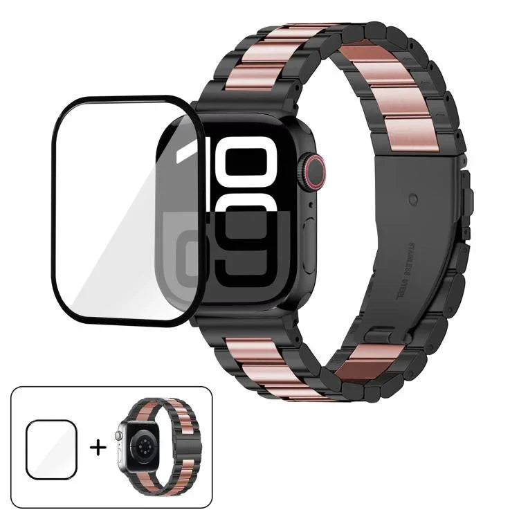 สายรัดนาฬิกาสแตนเลสสตีลสามเม็ดพร้อมฟิล์มโค้ง 3D สำหรับ Apple Watch Series 10 ขนาด 46 มม., สำหรับ Apple Watch Series 10 ขนาด 42 มม., สำหรับ Apple Watch Series ขนาด 44 มม., สำหรับ Apple Watch Series ขนาด 40 มม.