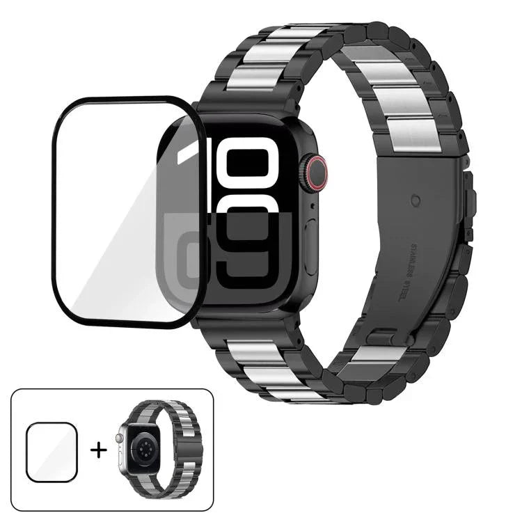 สายรัดนาฬิกาสแตนเลสสตีลสามเม็ดพร้อมฟิล์มโค้ง 3D สำหรับ Apple Watch Series 10 ขนาด 46 มม., สำหรับ Apple Watch Series 10 ขนาด 42 มม., สำหรับ Apple Watch Series ขนาด 44 มม., สำหรับ Apple Watch Series ขนาด 40 มม.