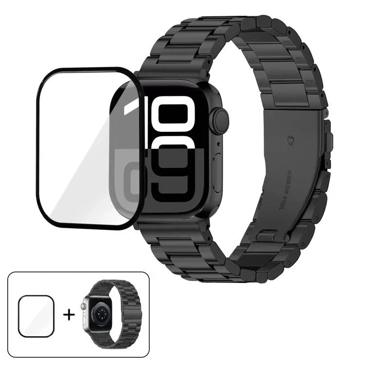 สายรัดนาฬิกาสแตนเลสสตีลสามเม็ดพร้อมฟิล์มโค้ง 3D สำหรับ Apple Watch Series 10 ขนาด 46 มม., สำหรับ Apple Watch Series 10 ขนาด 42 มม., สำหรับ Apple Watch Series ขนาด 44 มม., สำหรับ Apple Watch Series ขนาด 40 มม.