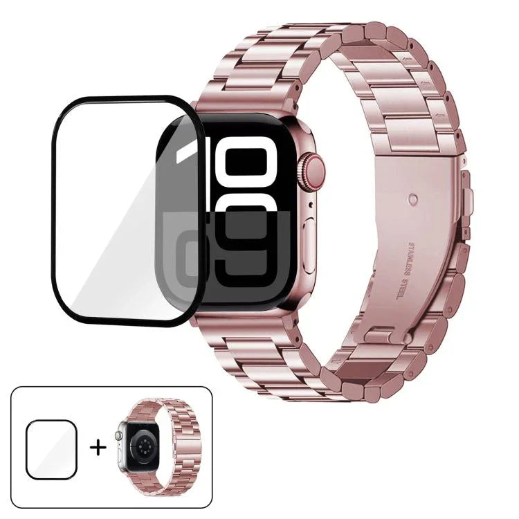 สายรัดนาฬิกาสแตนเลสสตีลสามเม็ดพร้อมฟิล์มโค้ง 3D สำหรับ Apple Watch Series 10 ขนาด 46 มม., สำหรับ Apple Watch Series 10 ขนาด 42 มม., สำหรับ Apple Watch Series ขนาด 44 มม., สำหรับ Apple Watch Series ขนาด 40 มม.