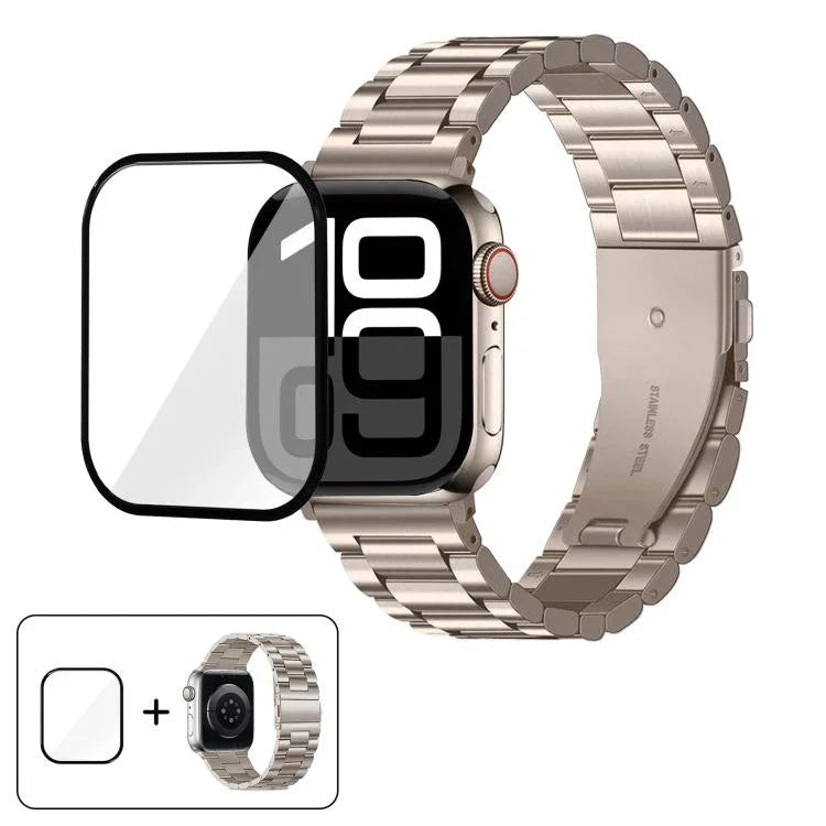 สายรัดนาฬิกาสแตนเลสสตีลสามเม็ดพร้อมฟิล์มโค้ง 3D สำหรับ Apple Watch Series 10 ขนาด 46 มม., สำหรับ Apple Watch Series 10 ขนาด 42 มม., สำหรับ Apple Watch Series ขนาด 44 มม., สำหรับ Apple Watch Series ขนาด 40 มม.