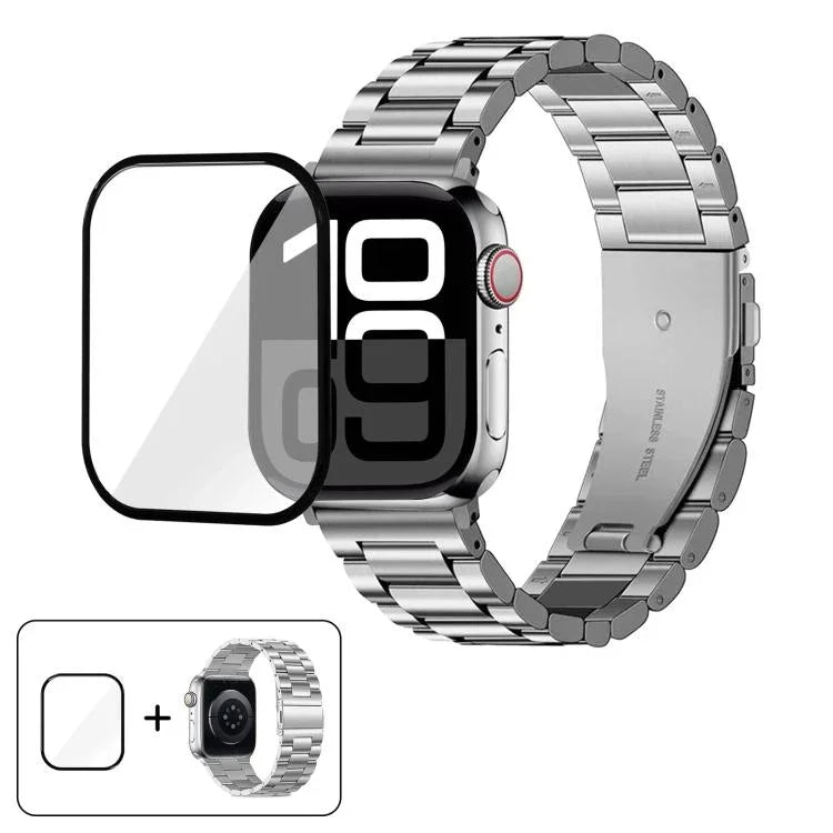 สายรัดนาฬิกาสแตนเลสสตีลสามเม็ดพร้อมฟิล์มโค้ง 3D สำหรับ Apple Watch Series 10 ขนาด 46 มม., สำหรับ Apple Watch Series 10 ขนาด 42 มม., สำหรับ Apple Watch Series ขนาด 44 มม., สำหรับ Apple Watch Series ขนาด 40 มม.