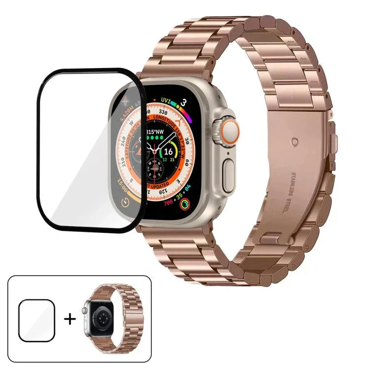 สายรัดนาฬิกาสแตนเลสสตีลสามเม็ดพร้อมฟิล์มโค้ง 3D สำหรับ Apple Watch Ultra 2 / 1 ขนาด 49 มม., สำหรับ Apple Watch Series ขนาด 45 มม., สำหรับ Apple Watch Series ขนาด 41 มม., สำหรับ Apple Watch Series ขนาด 38 มม.