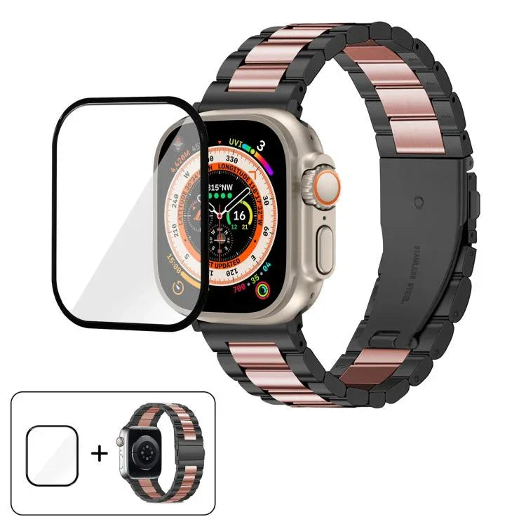 สายรัดนาฬิกาสแตนเลสสตีลสามเม็ดพร้อมฟิล์มโค้ง 3D สำหรับ Apple Watch Ultra 2 / 1 ขนาด 49 มม., สำหรับ Apple Watch Series ขนาด 45 มม., สำหรับ Apple Watch Series ขนาด 41 มม., สำหรับ Apple Watch Series ขนาด 38 มม.