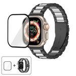 สายรัดนาฬิกาสแตนเลสสตีลสามเม็ดพร้อมฟิล์มโค้ง 3D สำหรับ Apple Watch Ultra 2 / 1 ขนาด 49 มม., สำหรับ Apple Watch Series ขนาด 45 มม., สำหรับ Apple Watch Series ขนาด 41 มม., สำหรับ Apple Watch Series ขนาด 38 มม.