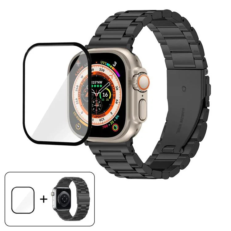 สายรัดนาฬิกาสแตนเลสสตีลสามเม็ดพร้อมฟิล์มโค้ง 3D สำหรับ Apple Watch Ultra 2 / 1 ขนาด 49 มม., สำหรับ Apple Watch Series ขนาด 45 มม., สำหรับ Apple Watch Series ขนาด 41 มม., สำหรับ Apple Watch Series ขนาด 38 มม.