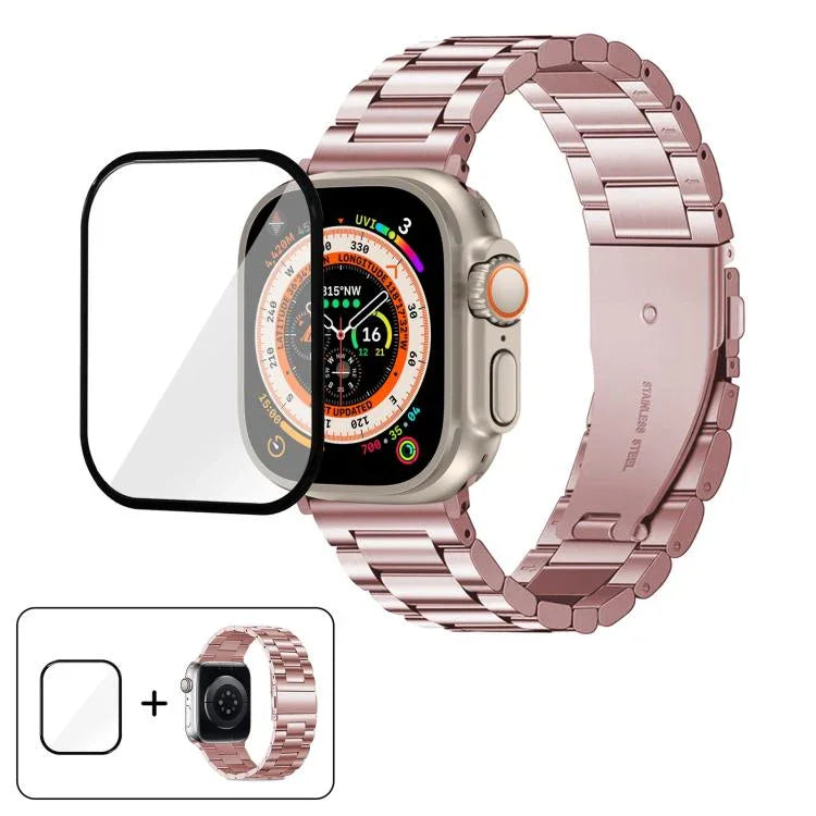 สายรัดนาฬิกาสแตนเลสสตีลสามเม็ดพร้อมฟิล์มโค้ง 3D สำหรับ Apple Watch Ultra 2 / 1 ขนาด 49 มม., สำหรับ Apple Watch Series ขนาด 45 มม., สำหรับ Apple Watch Series ขนาด 41 มม., สำหรับ Apple Watch Series ขนาด 38 มม.
