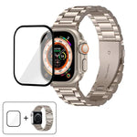 สายรัดนาฬิกาสแตนเลสสตีลสามเม็ดพร้อมฟิล์มโค้ง 3D สำหรับ Apple Watch Ultra 2 / 1 ขนาด 49 มม., สำหรับ Apple Watch Series ขนาด 45 มม., สำหรับ Apple Watch Series ขนาด 41 มม., สำหรับ Apple Watch Series ขนาด 38 มม.