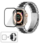 สายรัดนาฬิกาสแตนเลสสตีลสามเม็ดพร้อมฟิล์มโค้ง 3D สำหรับ Apple Watch Ultra 2 / 1 ขนาด 49 มม., สำหรับ Apple Watch Series ขนาด 45 มม., สำหรับ Apple Watch Series ขนาด 41 มม., สำหรับ Apple Watch Series ขนาด 38 มม.