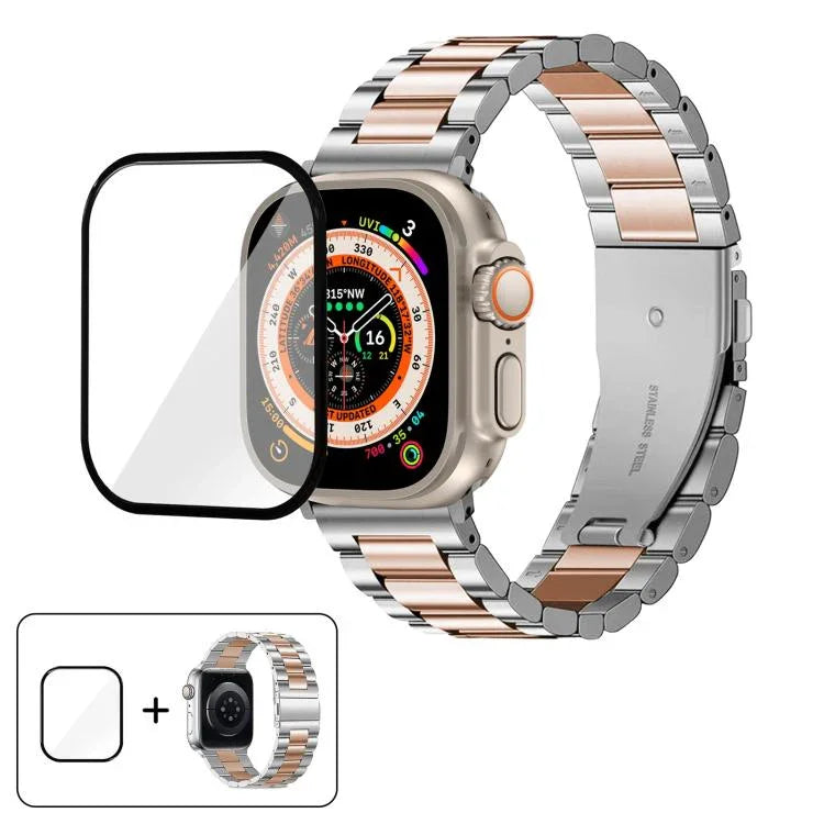 สายรัดนาฬิกาสแตนเลสสตีลสามเม็ดพร้อมฟิล์มโค้ง 3D สำหรับ Apple Watch Ultra 2 / 1 ขนาด 49 มม., สำหรับ Apple Watch Series ขนาด 45 มม., สำหรับ Apple Watch Series ขนาด 41 มม., สำหรับ Apple Watch Series ขนาด 38 มม.