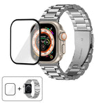 สายรัดนาฬิกาสแตนเลสสตีลสามเม็ดพร้อมฟิล์มโค้ง 3D สำหรับ Apple Watch Ultra 2 / 1 ขนาด 49 มม., สำหรับ Apple Watch Series ขนาด 45 มม., สำหรับ Apple Watch Series ขนาด 41 มม., สำหรับ Apple Watch Series ขนาด 38 มม.