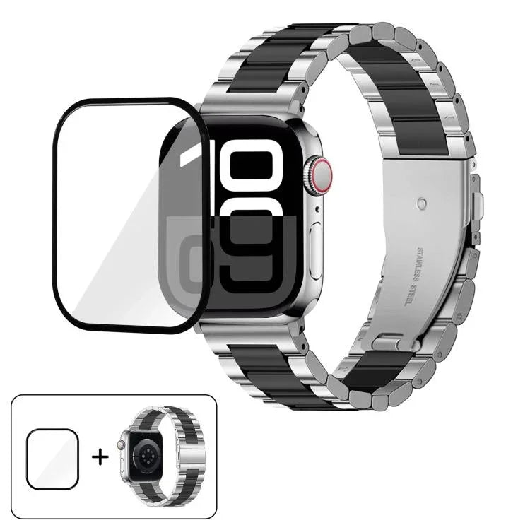 สายรัดนาฬิกาสแตนเลสสตีลสามเม็ดพร้อมฟิล์มโค้ง 3D สำหรับ Apple Watch Ultra 2 / 1 ขนาด 49 มม., สำหรับ Apple Watch Series ขนาด 45 มม., สำหรับ Apple Watch Series ขนาด 41 มม., สำหรับ Apple Watch Series ขนาด 38 มม.