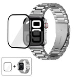 สายรัดนาฬิกาสแตนเลสสตีลสามเม็ดพร้อมฟิล์มโค้ง 3D สำหรับ Apple Watch Ultra 2 / 1 ขนาด 49 มม., สำหรับ Apple Watch Series ขนาด 45 มม., สำหรับ Apple Watch Series ขนาด 41 มม., สำหรับ Apple Watch Series ขนาด 38 มม.