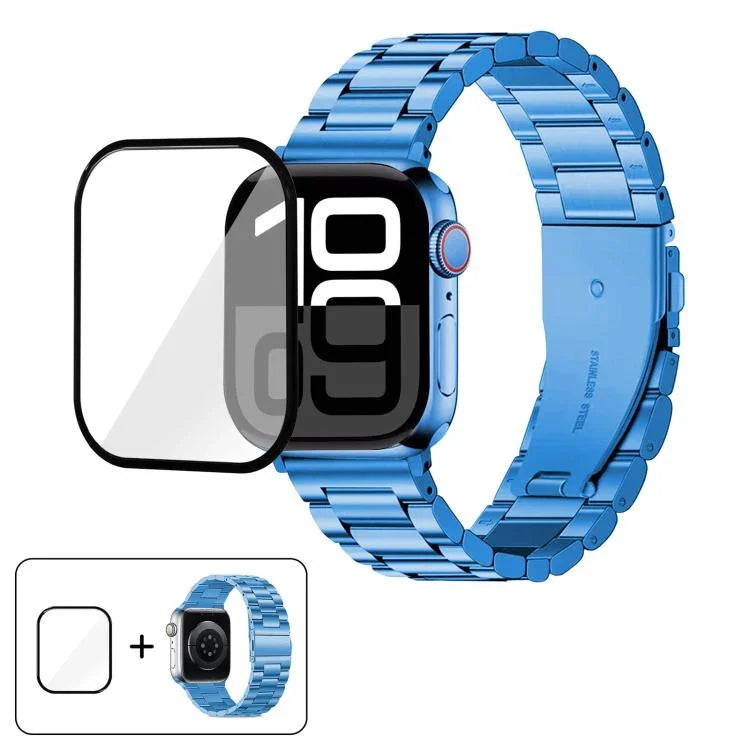 สายรัดนาฬิกาสแตนเลสสตีลสามเม็ดพร้อมฟิล์มโค้ง 3D สำหรับ Apple Watch Ultra 2 / 1 ขนาด 49 มม., สำหรับ Apple Watch Series ขนาด 45 มม., สำหรับ Apple Watch Series ขนาด 41 มม., สำหรับ Apple Watch Series ขนาด 38 มม.
