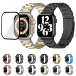สายรัดนาฬิกาสแตนเลสสตีลสามเม็ดพร้อมฟิล์มโค้ง 3D สำหรับ Apple Watch Series ขนาด 42 มม.