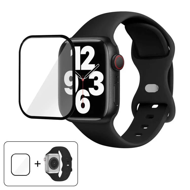 สายรัดนาฬิกาซิลิโคนแบบหัวเข็มขัดผีเสื้อพร้อมฟิล์มโค้ง 3D สำหรับ Apple Watch Series 10 46 มม., สำหรับ Apple Watch Series 10 42 มม., สำหรับ Apple Watch Series 44 มม.