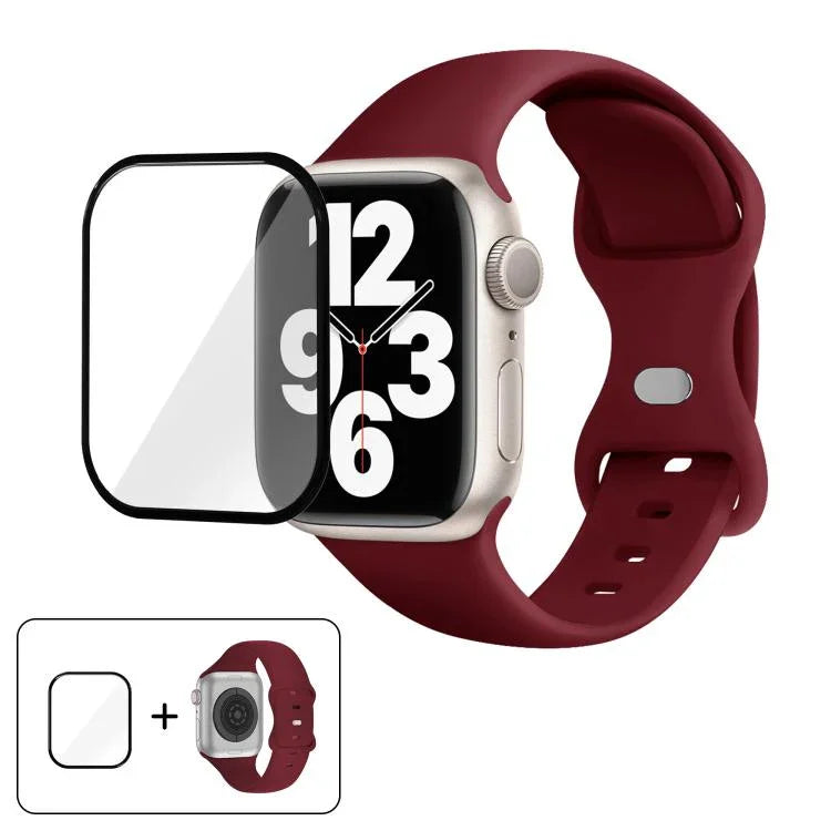 สายรัดนาฬิกาซิลิโคนแบบหัวเข็มขัดผีเสื้อพร้อมฟิล์มโค้ง 3D สำหรับ Apple Watch Series 10 46 มม., สำหรับ Apple Watch Series 10 42 มม., สำหรับ Apple Watch Series 44 มม.