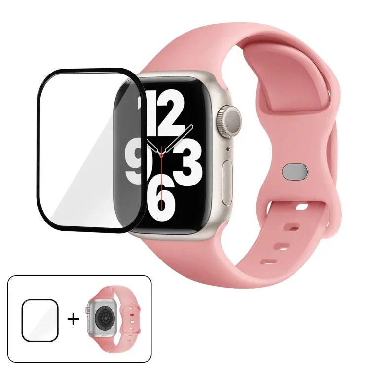 สายรัดนาฬิกาซิลิโคนแบบหัวเข็มขัดผีเสื้อพร้อมฟิล์มโค้ง 3D สำหรับ Apple Watch Series 10 46 มม., สำหรับ Apple Watch Series 10 42 มม., สำหรับ Apple Watch Series 44 มม.