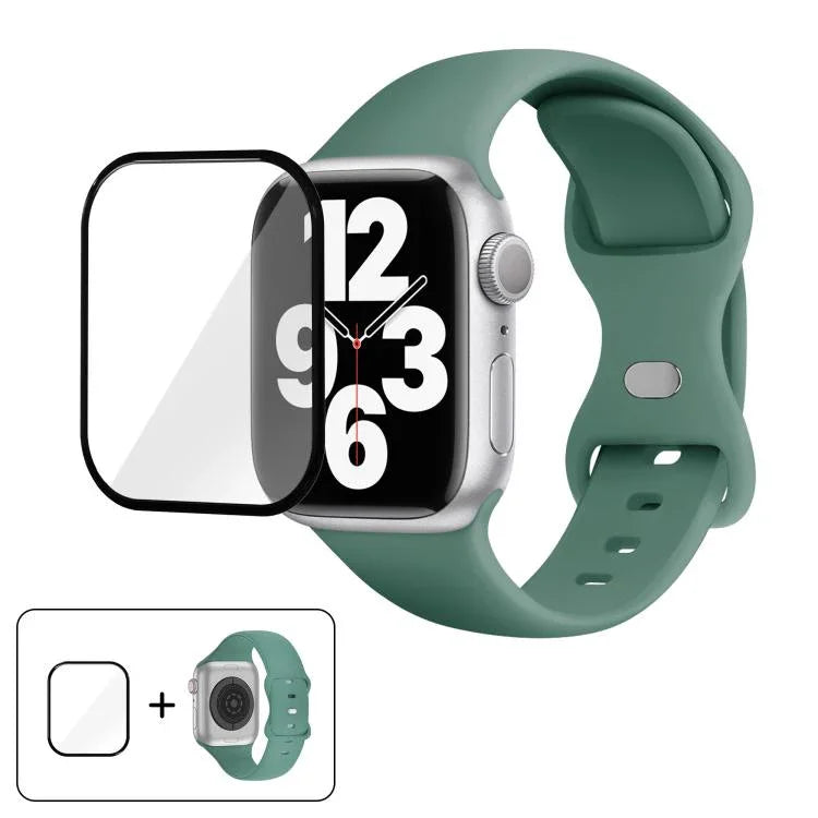 สายรัดนาฬิกาซิลิโคนแบบหัวเข็มขัดผีเสื้อพร้อมฟิล์มโค้ง 3D สำหรับ Apple Watch Series 10 46 มม., สำหรับ Apple Watch Series 10 42 มม., สำหรับ Apple Watch Series 44 มม.