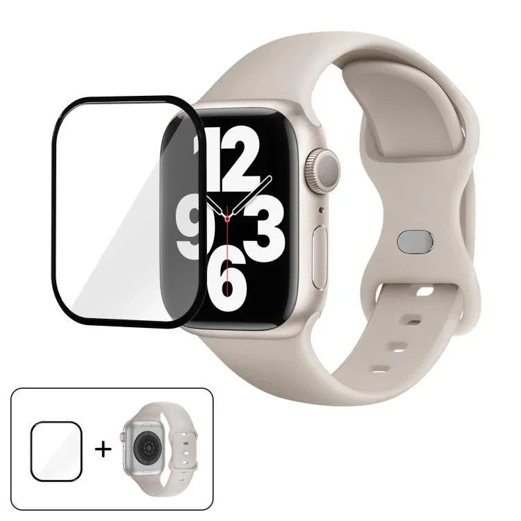 สายรัดนาฬิกาซิลิโคนแบบหัวเข็มขัดผีเสื้อพร้อมฟิล์มโค้ง 3D สำหรับ Apple Watch Series 10 46 มม., สำหรับ Apple Watch Series 10 42 มม., สำหรับ Apple Watch Series 44 มม.