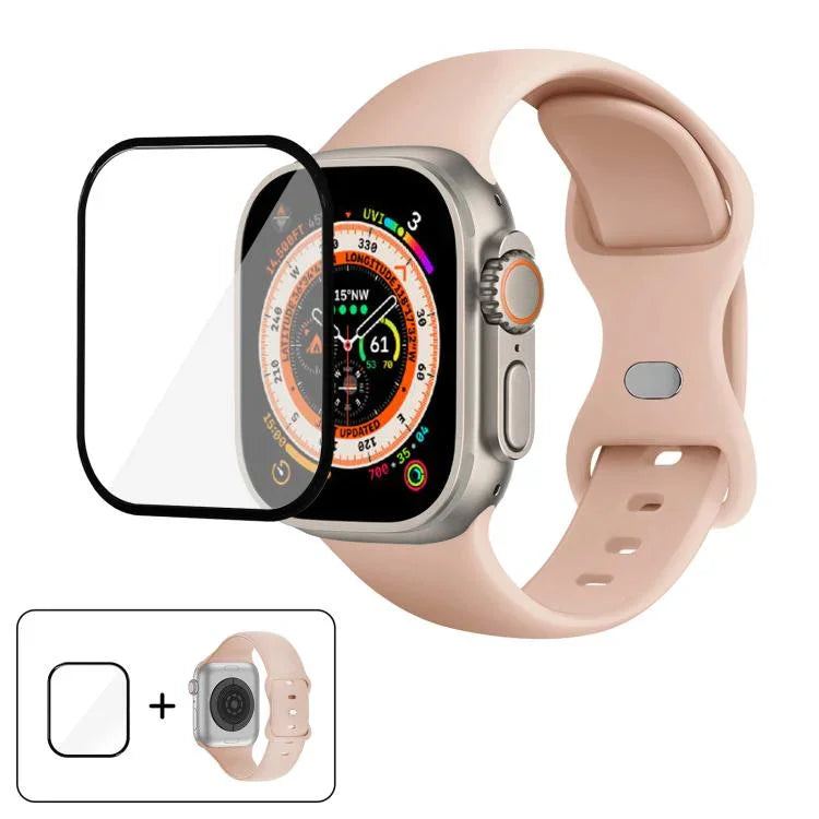 สายรัดนาฬิกาซิลิโคนแบบหัวเข็มขัดผีเสื้อพร้อมฟิล์มโค้ง 3D สำหรับ Apple Watch Series 40 มม., สำหรับ Apple Watch Ultra 2 / 1 49 มม., สำหรับ Apple Watch Series 45 มม.