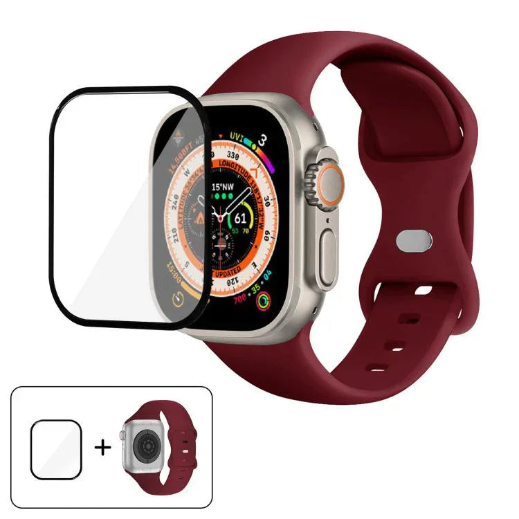 สายรัดนาฬิกาซิลิโคนแบบหัวเข็มขัดผีเสื้อพร้อมฟิล์มโค้ง 3D สำหรับ Apple Watch Series 40 มม., สำหรับ Apple Watch Ultra 2 / 1 49 มม., สำหรับ Apple Watch Series 45 มม.