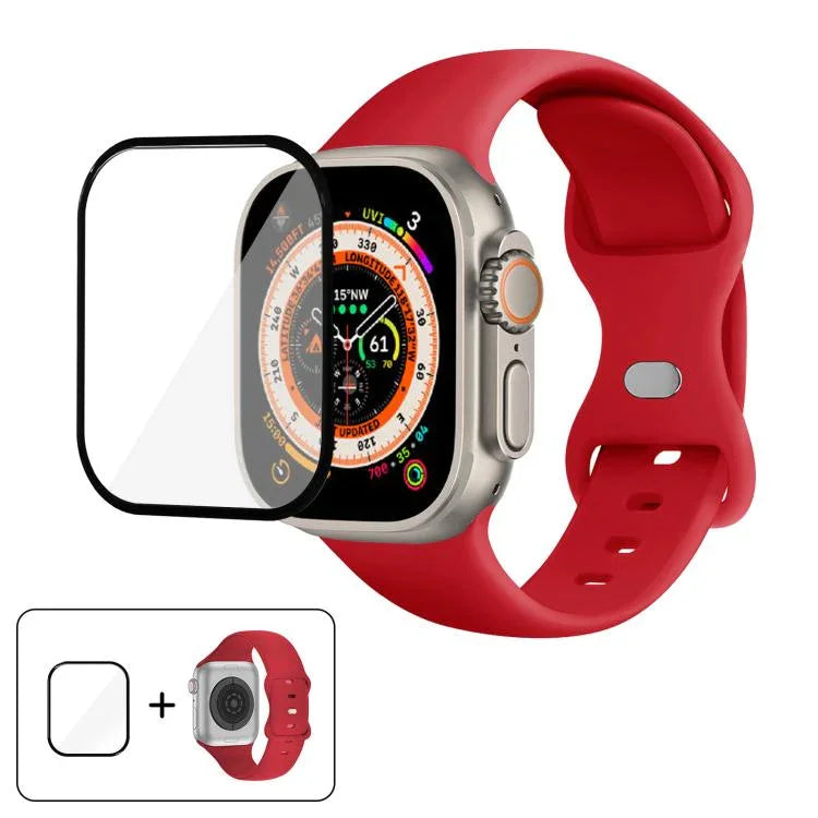 สายรัดนาฬิกาซิลิโคนแบบหัวเข็มขัดผีเสื้อพร้อมฟิล์มโค้ง 3D สำหรับ Apple Watch Series 40 มม., สำหรับ Apple Watch Ultra 2 / 1 49 มม., สำหรับ Apple Watch Series 45 มม.