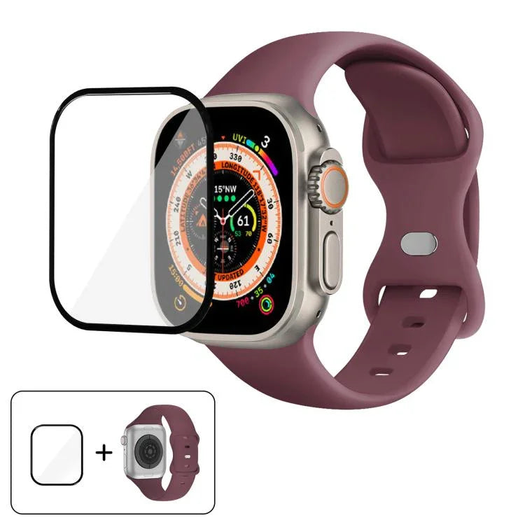 สายรัดนาฬิกาซิลิโคนแบบหัวเข็มขัดผีเสื้อพร้อมฟิล์มโค้ง 3D สำหรับ Apple Watch Series 40 มม., สำหรับ Apple Watch Ultra 2 / 1 49 มม., สำหรับ Apple Watch Series 45 มม.