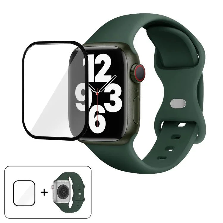 สายรัดนาฬิกาซิลิโคนแบบหัวเข็มขัดผีเสื้อพร้อมฟิล์มโค้ง 3D สำหรับ Apple Watch Series 41 มม., สำหรับ Apple Watch Series 38 มม., สำหรับ Apple Watch Series 42 มม.