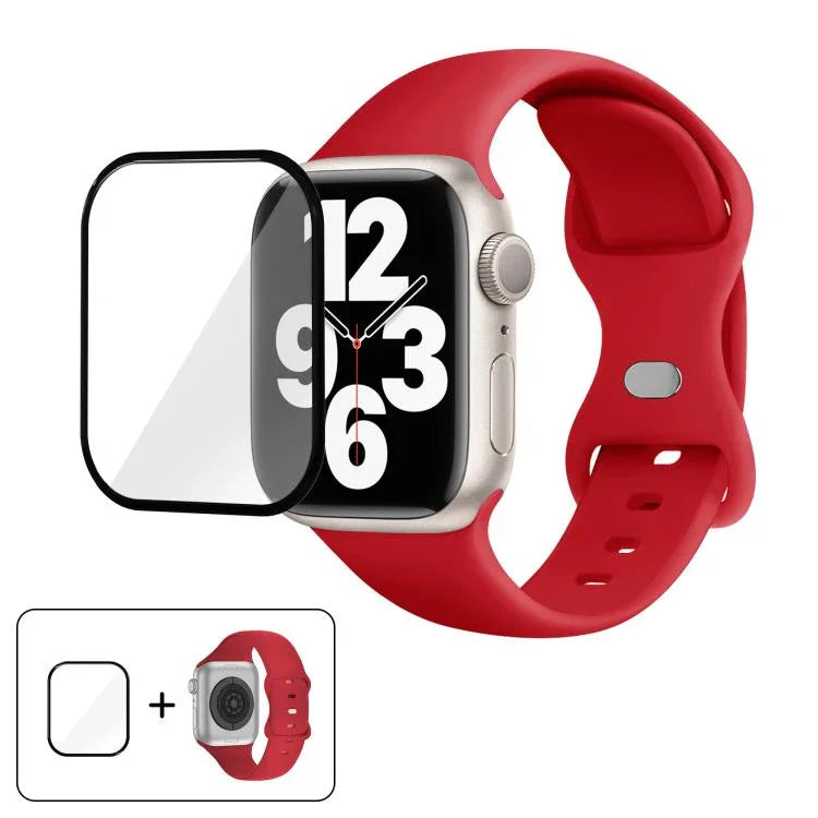 สายรัดนาฬิกาซิลิโคนแบบหัวเข็มขัดผีเสื้อพร้อมฟิล์มโค้ง 3D สำหรับ Apple Watch Series 41 มม., สำหรับ Apple Watch Series 38 มม., สำหรับ Apple Watch Series 42 มม.