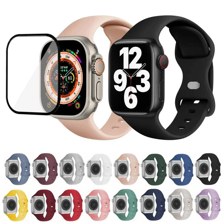 สายรัดนาฬิกาซิลิโคนแบบหัวเข็มขัดผีเสื้อพร้อมฟิล์มโค้ง 3D สำหรับ Apple Watch Series 41 มม., สำหรับ Apple Watch Series 38 มม., สำหรับ Apple Watch Series 42 มม.