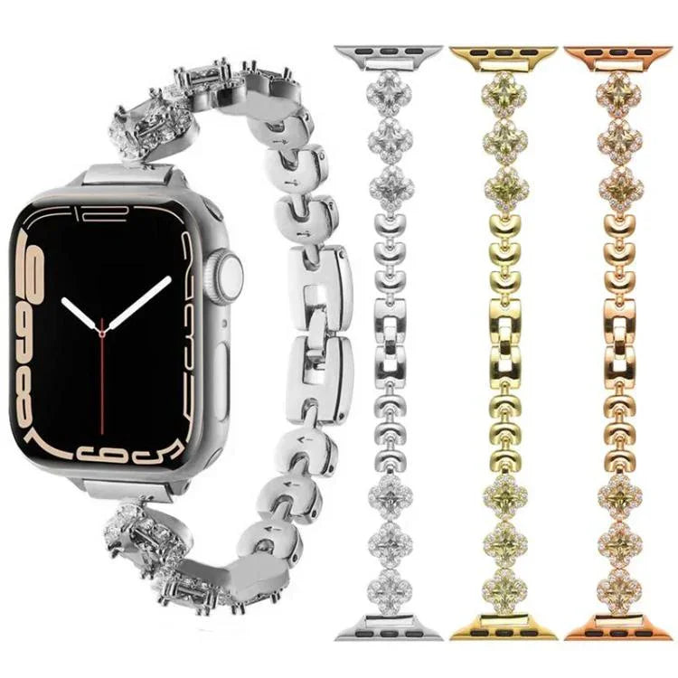 สายรัดนาฬิกาโลหะเพชรใบโคลเวอร์สี่แฉก xDfind สำหรับ Apple Watch ขนาด 42 / 44 / 45 / 46 / 49 มม., สำหรับ Apple Watch ขนาด 38 / 40 / 41 / S10 42 มม.