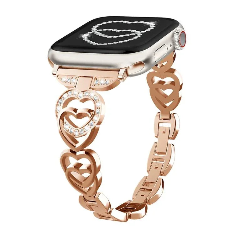 สายรัดนาฬิกาโลหะเพชรรูปหัวใจคู่ xDfind สำหรับ Apple Watch ขนาด 42 / 44 / 45 / 46 / 49 มม., สำหรับ Apple Watch ขนาด 38 / 40 / 41 / S10 42 มม.