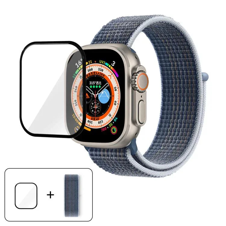 สายรัดนาฬิกาไนลอนแบบห่วงพื้นฐานพร้อมฟิล์มโค้ง 3D สำหรับ Apple Watch Series ขนาด 40 มม., สำหรับ Apple Watch Ultra 2 / 1 ขนาด 49 มม., สำหรับ Apple Watch Series ขนาด 45 มม.