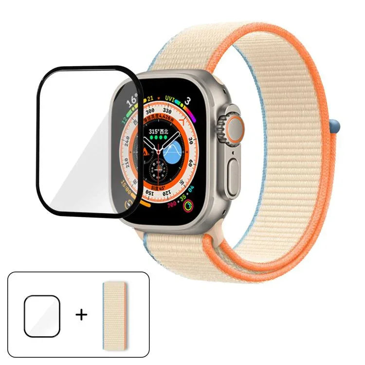สายรัดนาฬิกาไนลอนแบบห่วงพื้นฐานพร้อมฟิล์มโค้ง 3D สำหรับ Apple Watch Series ขนาด 40 มม., สำหรับ Apple Watch Ultra 2 / 1 ขนาด 49 มม., สำหรับ Apple Watch Series ขนาด 45 มม.