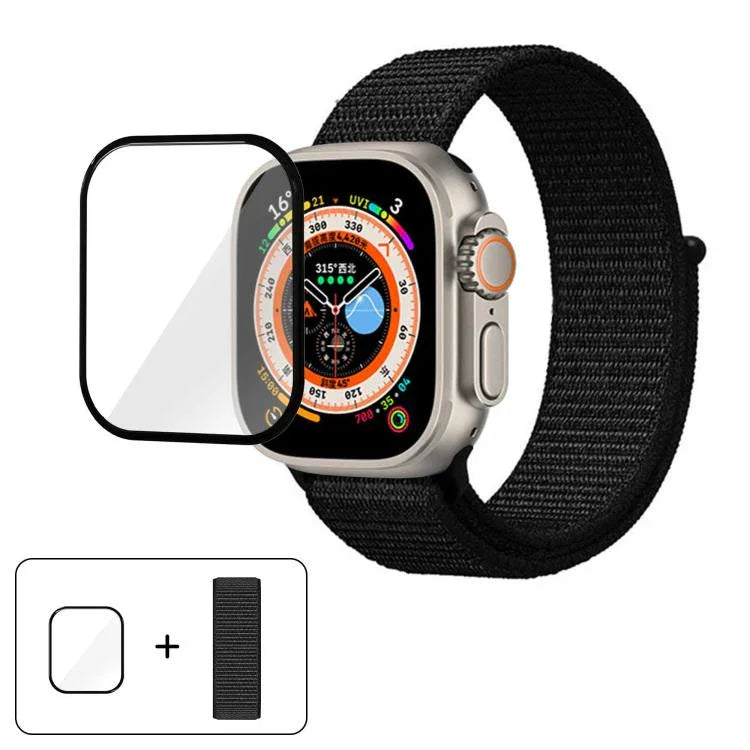 สายรัดนาฬิกาไนลอนแบบห่วงพื้นฐานพร้อมฟิล์มโค้ง 3D สำหรับ Apple Watch Series ขนาด 40 มม., สำหรับ Apple Watch Ultra 2 / 1 ขนาด 49 มม., สำหรับ Apple Watch Series ขนาด 45 มม.