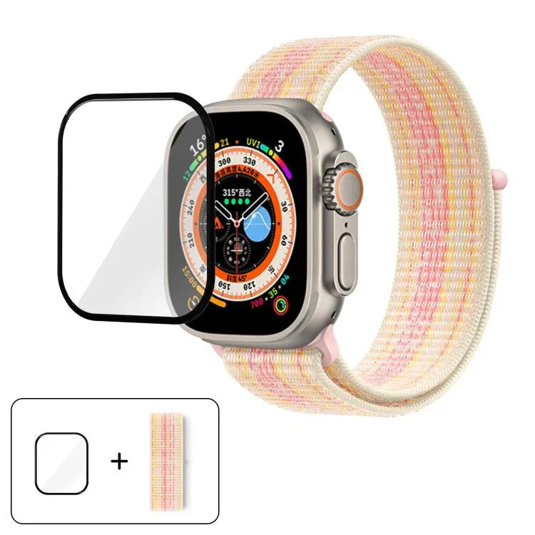 สายรัดนาฬิกาไนลอนแบบห่วงพื้นฐานพร้อมฟิล์มโค้ง 3D สำหรับ Apple Watch Series ขนาด 40 มม., สำหรับ Apple Watch Ultra 2 / 1 ขนาด 49 มม., สำหรับ Apple Watch Series ขนาด 45 มม.