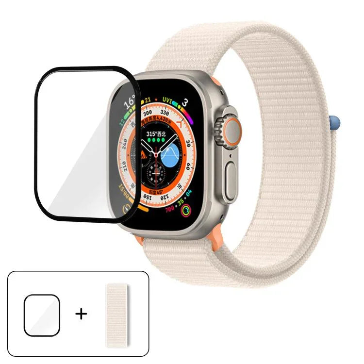 สายรัดนาฬิกาไนลอนแบบห่วงพื้นฐานพร้อมฟิล์มโค้ง 3D สำหรับ Apple Watch Series ขนาด 40 มม., สำหรับ Apple Watch Ultra 2 / 1 ขนาด 49 มม., สำหรับ Apple Watch Series ขนาด 45 มม.