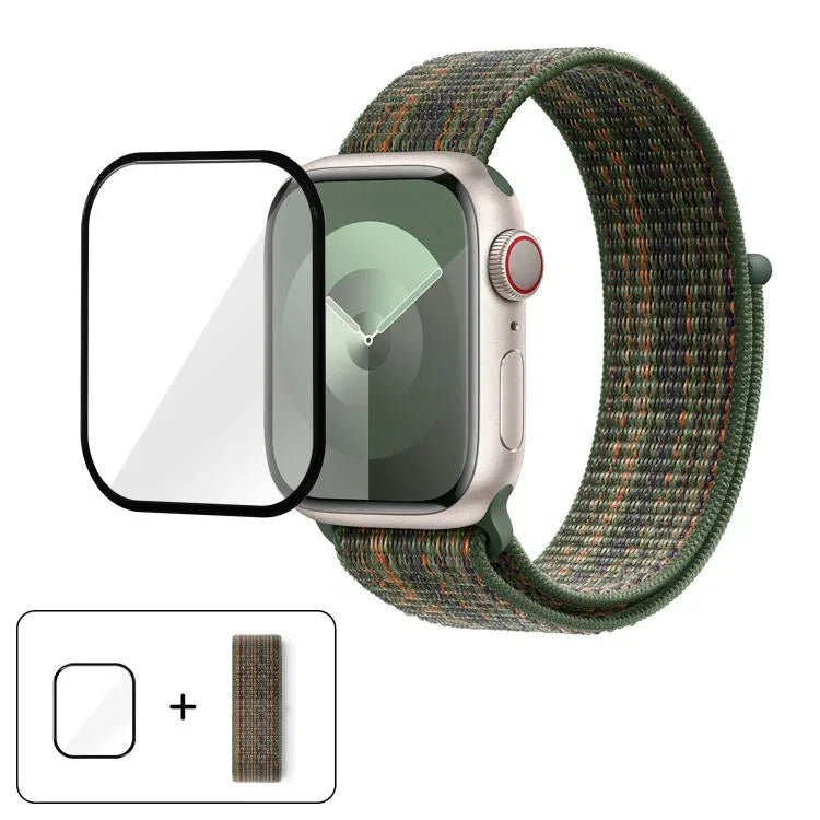 สายรัดนาฬิกาไนลอนแบบห่วงพื้นฐานพร้อมฟิล์มโค้ง 3D สำหรับ Apple Watch Series ขนาด 41 มม., สำหรับ Apple Watch Series ขนาด 38 มม., สำหรับ Apple Watch Series ขนาด 42 มม.