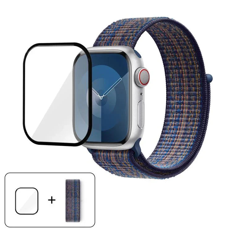 สายรัดนาฬิกาไนลอนแบบห่วงพื้นฐานพร้อมฟิล์มโค้ง 3D สำหรับ Apple Watch Series ขนาด 41 มม., สำหรับ Apple Watch Series ขนาด 38 มม., สำหรับ Apple Watch Series ขนาด 42 มม.