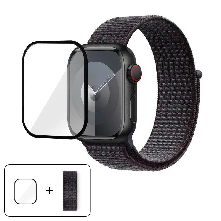 สายรัดนาฬิกาไนลอนแบบห่วงพื้นฐานพร้อมฟิล์มโค้ง 3D สำหรับ Apple Watch Series ขนาด 41 มม., สำหรับ Apple Watch Series ขนาด 38 มม., สำหรับ Apple Watch Series ขนาด 42 มม.