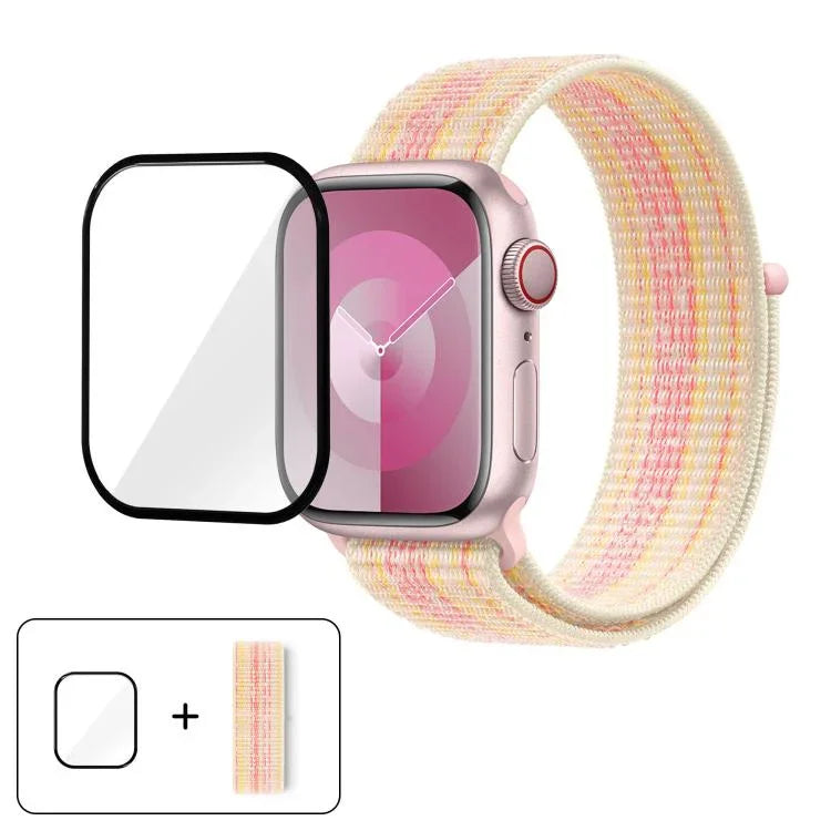สายรัดนาฬิกาไนลอนแบบห่วงพื้นฐานพร้อมฟิล์มโค้ง 3D สำหรับ Apple Watch Series ขนาด 41 มม., สำหรับ Apple Watch Series ขนาด 38 มม., สำหรับ Apple Watch Series ขนาด 42 มม.